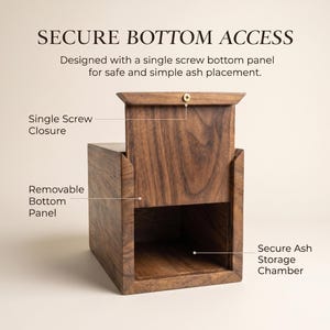 Puede incluir: Una caja de madera marr&oacute;n oscuro con un panel inferior extra&iacute;ble asegurado por un solo tornillo. El texto en la imagen dice: SECURE BOTTOM ACCESS, Designed with a single screw bottom panel for safe and simple ash placement, Single Screw Closure, Removable Bottom Panel, Secure Ash Storage Chamber.