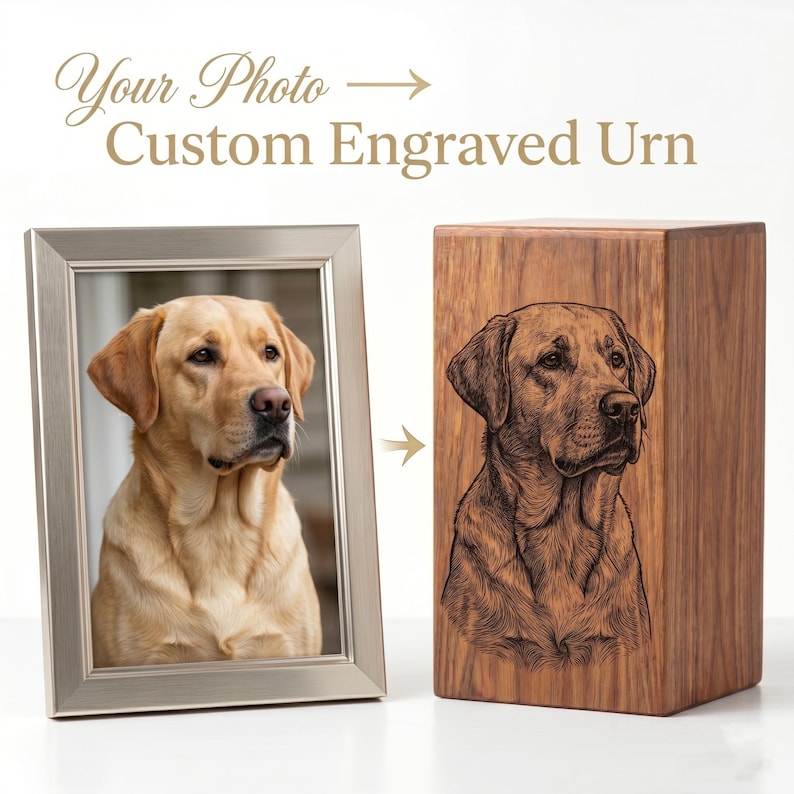 May include: A rectangular wooden urn featuring a laser-engraved portrait of a yellow Labrador retriever, displayed next to a silver-toned metal picture frame containing a photograph of the same dog. Text above reads: Your Photo -> Custom Engraved Urn.