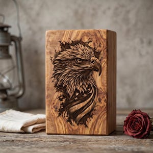 Urna commemorativa personalizzata con aquila, urna cineraria con bandiera americana, urna in legno personalizzata per ceneri, cofanetto ricordo patriottico, regalo commemorativo per veterani.
