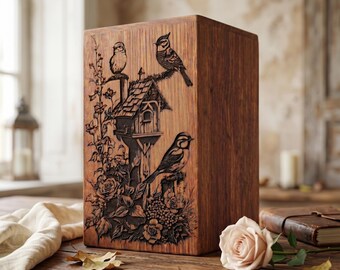 Urna conmemorativa de madera personalizada con forma de casita para pájaros, caja de recuerdos grabada con láser.