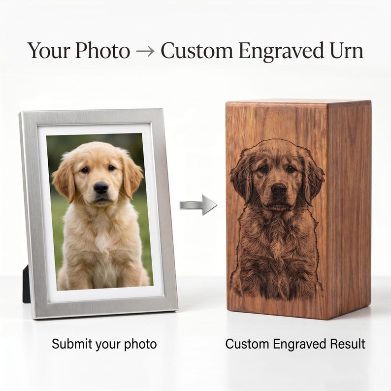 Puede incluir: Un marco de fotos plateado con una fotograf&iacute;a de un cachorro golden retriever junto a una urna de madera rectangular con un retrato grabado con l&aacute;ser del mismo cachorro. El texto dice: Your Photo -> Custom Engraved Urn y Custom Engraved Result.