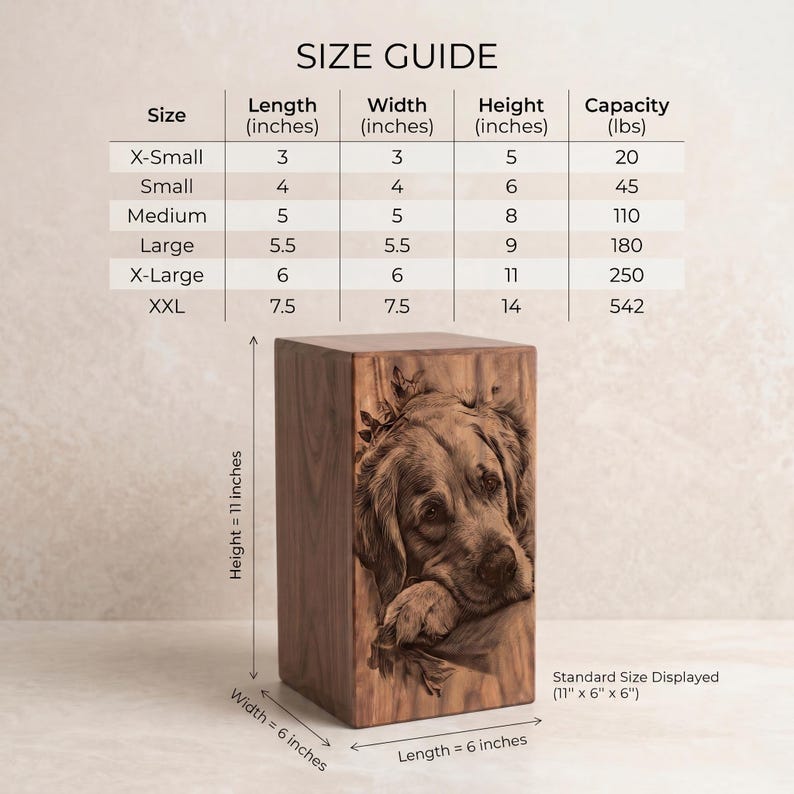 May include: A rectangular wooden cremation urn featuring a laser-engraved portrait of a dog on the front panel. A size guide chart is displayed above the urn, listing dimensions in inches and capacity in pounds for six different size options.