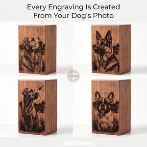 Puede incluir: Cuatro cajas rectangulares de madera con retratos grabados a l&aacute;ser de diferentes razas de perros. El texto Every Engraving Is Created From Your Dog's Photo aparece en la parte superior. Cada caja muestra una ilustraci&oacute;n canina &uacute;nica en madera.