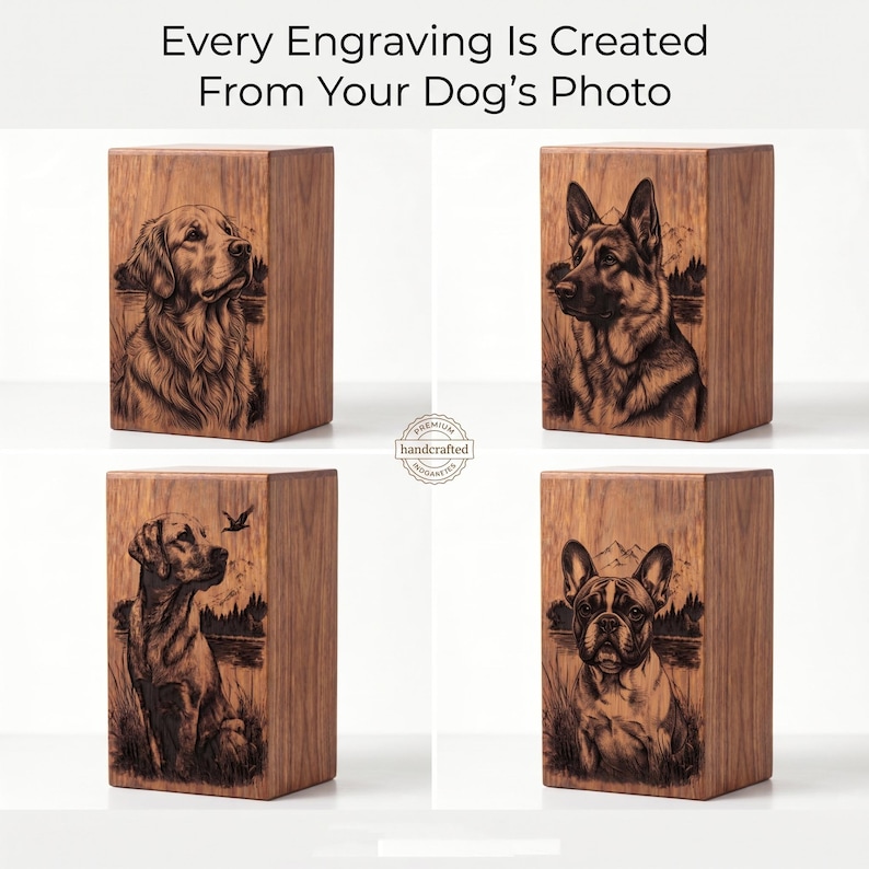 Puede incluir: Cuatro cajas rectangulares de madera con retratos grabados a l&aacute;ser de diferentes razas de perros. El texto Every Engraving Is Created From Your Dog's Photo aparece en la parte superior. Cada caja muestra una ilustraci&oacute;n canina &uacute;nica en madera.
