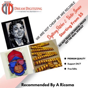 May include: A promotional graphic for Dream Digitizing featuring a grayscale portrait of Michael Jackson, a blue monkey wearing a red beanie and American flag sunglasses, and a series of embroidered fabric strips with the text We Are Not Cheap We Are Reliable.