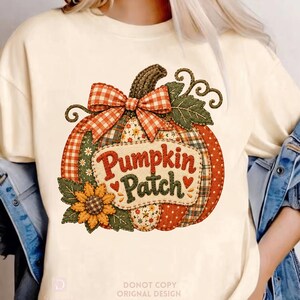 Imagen PNG de campo de calabazas, imagen PNG de calabaza de patchwork otoñal, imagen PNG de lazo de cinta a cuadros para sublimación, imagen PNG de camiseta de otoño de Acción de Gracias, descarga digital