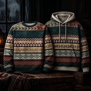 May include: A long-sleeve crewneck sweatshirt and a hooded sweatshirt featuring a horizontal pattern of teal, beige, and dark red geometric shapes, including triangles, diamonds, and cross-hatch lines on a textured background.