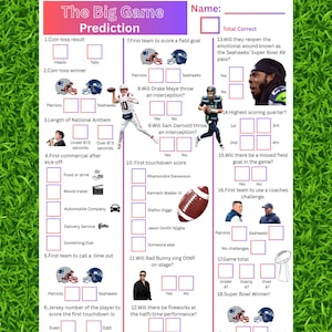 Puede incluir: Archivo digital imprimible para un juego de predicción del Big Game. Incluye secciones para el lanzamiento de moneda, anotaciones de touchdown y predicciones del espectáculo de medio tiempo. Tamaño 8.5x11 pulgadas.