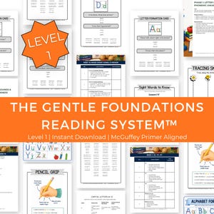 May include: A collection of educational worksheets for The Gentle Foundations Reading System Level 1. The pages feature letter formation guides, tracing exercises, pencil grip instructions, and lesson outlines with black text on white paper.