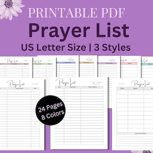 Puede incluir: Lista de oración imprimible en PDF en tamaño carta de EE. UU. El PDF incluye 24 páginas y 8 colores diferentes. La lista de oración tiene columnas para la fecha, el nombre y la solicitud de oración.