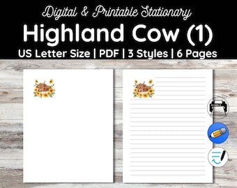Highland Cow Stationery Set: Printable US Letter (PDF)