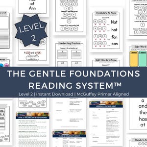 May include: A collection of educational reading worksheets titled The Gentle Foundations Reading System Level 2. The pages feature phonics exercises, handwriting practice, vocabulary lists, and sight word activities with black text on white paper.