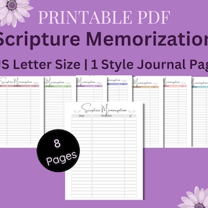Może przedstawiać: Drukowane strony dziennika w formacie PDF do zapamiętywania fragmentów Pisma Świętego. Strony są w formacie US Letter i mają prosty projekt z nagłówkiem, który brzmi "Scripture Memorization". W sumie jest 8 stron.