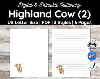 Highland Cow Stationery Set: US Letter Printable Pages (PDF)