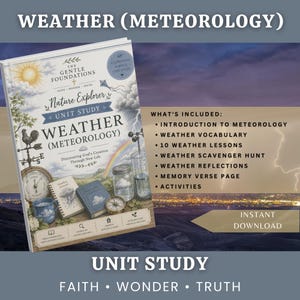 Op de afbeelding: Een educatief studieboek getiteld The Gentle Foundations Nature Explorer Weather (Meteorology). De kaft bevat illustraties van een windwijzer, een regenboog, een pot en een kompas. De tekst somt de lessen en activiteiten op die zijn inbegrepen.