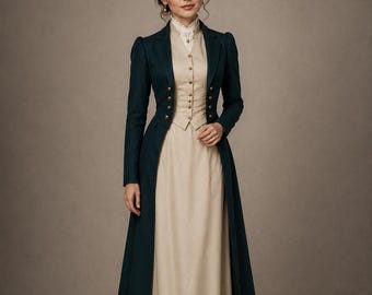 Women's Regency Tailcoat Dress, Victorian Walking Coat, Edwardian Inspired Gothic Costume