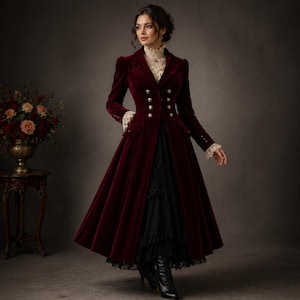 Burgundy Velvet Victorian Coat Dress, Gothic Regency Tailcoat Jacket, Steampunk Edwardian Style