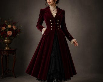 May include: A long, burgundy velvet coat with gold buttons and a high collar. The coat features a double-breasted design and is paired with a black lace skirt. The sleeves have lace cuffs. The coat is floor-length, creating an elegant, vintage aesthetic.