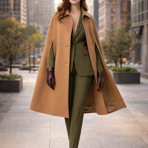 Abrigo tipo capa de lana de camello, elegante capa larga minimalista, abrigo cálido de lujo.