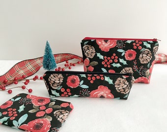 Christmas Zipper Pouch Set Travel Accessory Set Make Up Pouch Christmas Gifts for Travelers Christmas Floral Print Travel Purse Pouch