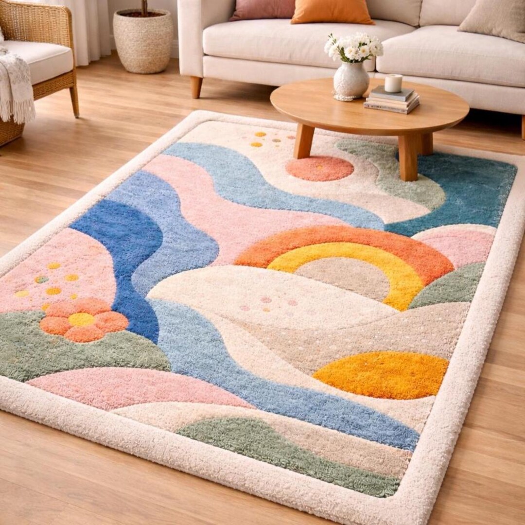 Abstract Tufted Area Rug – Soft Pastel Waves, Modern Geometric Design ...