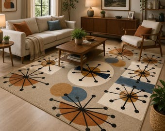 Mid Century Modern Hand Tufted Area Rug, Geometric Starburst Carpet, Scandinavian Abstract Wool Rug, Retro Living Room Rug, Bedroom Rug, Din