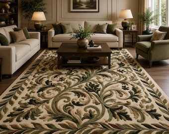 Hand Tufted Luxury Botanical Area Rug – Premium Handmade Wool Carpet with Elegant Green, Beige & Earth Tone Floral Vine Design for Balcony,