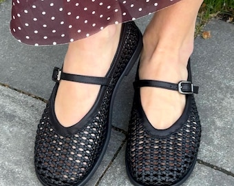 Black Round Toe Ballet Flats, Sheer Mesh Mary Jane Flats with Strap, Wide Toe Box Shoes, Womens Barefoot Shoes, Flexible Sole Summer Mules
