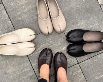 Stilvolle Split Toe Schuhe, Naturleder Tabi Ballerinas, Barfußschuhe Damen, Breite Toe Box Schuhe, Handgefertigte Tabi Schuhe