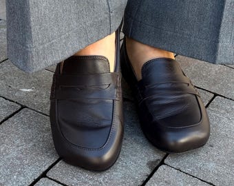 Anatomical Natural Leather Black Loafers with Square Toe, Wide Toe Box Shoes, Everyday Comfortable Slip-On Shoes, Womens Barefoot Shoes