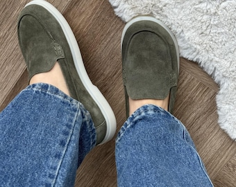 Scarpe a punta larga, mocassini da donna a punta chiusa, ballerine anatomiche senza lacci in vera pelle scamosciata, comodi mocassini estivi casual per tutti i giorni.