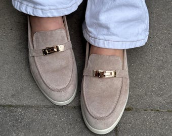 Echte suède penny loafers dames, beige gesloten teen geen veters flats, alledaagse zomerschoenen, handgemaakte vrijetijdsschoenen, trendy stijlvolle schoenen