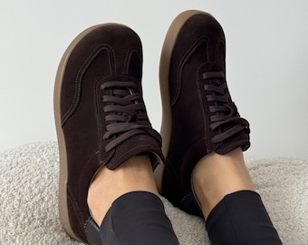 Anatomical natural suede sneakers, Wide toe box shoes, Chocolate sneakers, Minimalist walking casual  footwear, Lightweight everyday shoes