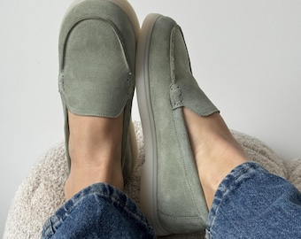 Mocassini scamosciati color oliva, mocassini anatomici senza lacci, scarpe basse da donna a punta chiusa, comode scarpe estive per tutti i giorni, mocassini da lavoro fatti a mano