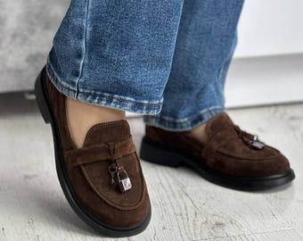 Chocolate Suede Loafers for Women, Comfortable Slip On Shoes with Lightweight Flexible Sole, Everyday Genuine Suede Flats