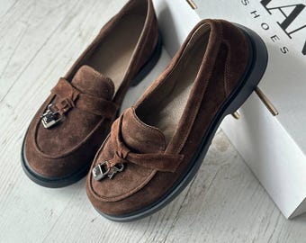 Suede Chocolate Loafers, Slip-on Flats Shoes with Closed Toe, Comfortable Casual Womens Footwear, Everyday Lightweight Flexible Sole Shoes