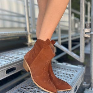 Camel Nubuck Cowboy Boots with Pointed Toe, Comfortable Casual Ankle Boots,Rustic Footwear,Low Heel Walking Boots,Festival Comfortable Shoes image 11