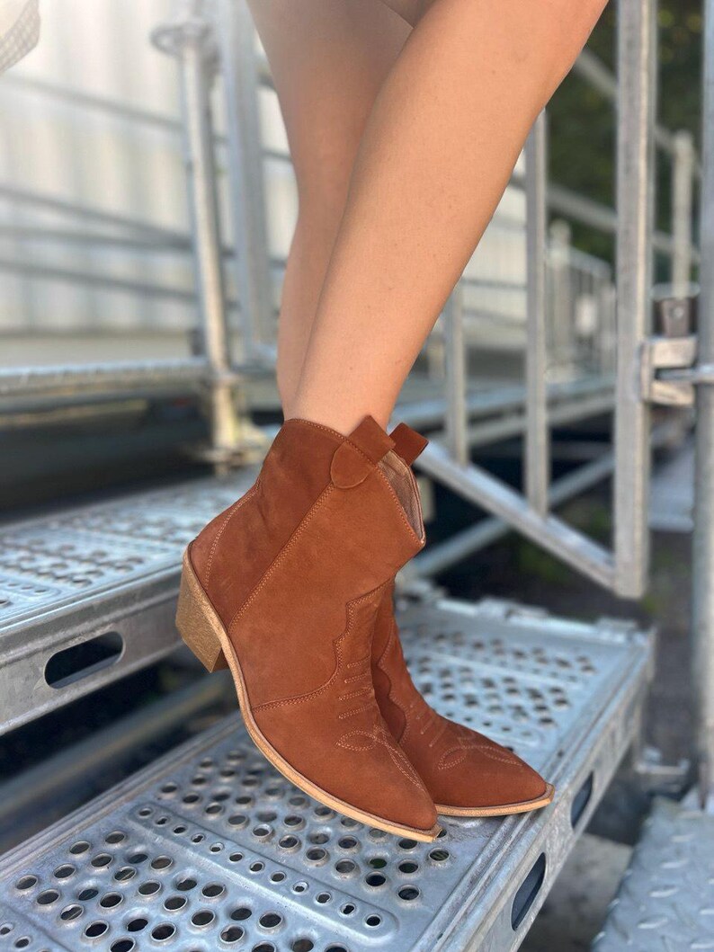 Camel Nubuck Cowboy Boots with Pointed Toe, Comfortable Casual Ankle Boots,Rustic Footwear,Low Heel Walking Boots,Festival Comfortable Shoes image 11