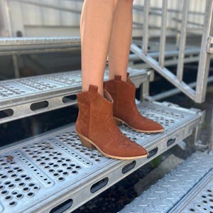 Camel Nubuck Cowboy Boots with Pointed Toe, Comfortable Casual Ankle Boots,Rustic Footwear,Low Heel Walking Boots,Festival Comfortable Shoes image 7