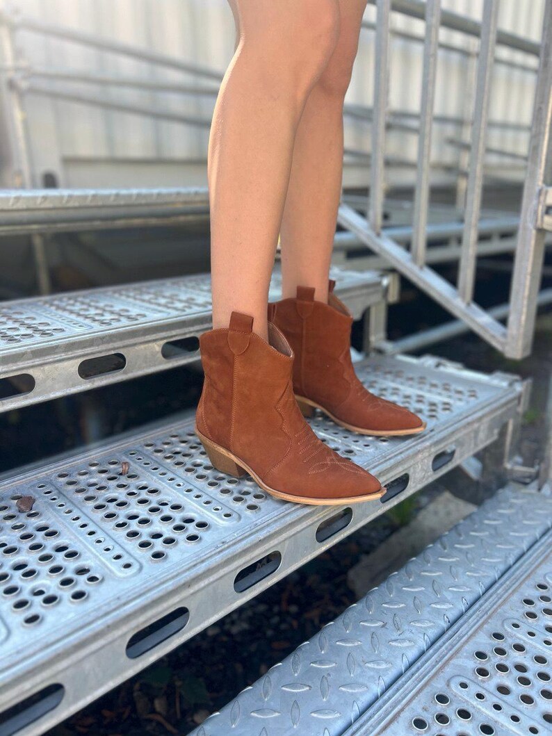 Camel Nubuck Cowboy Boots with Pointed Toe, Comfortable Casual Ankle Boots,Rustic Footwear,Low Heel Walking Boots,Festival Comfortable Shoes image 7