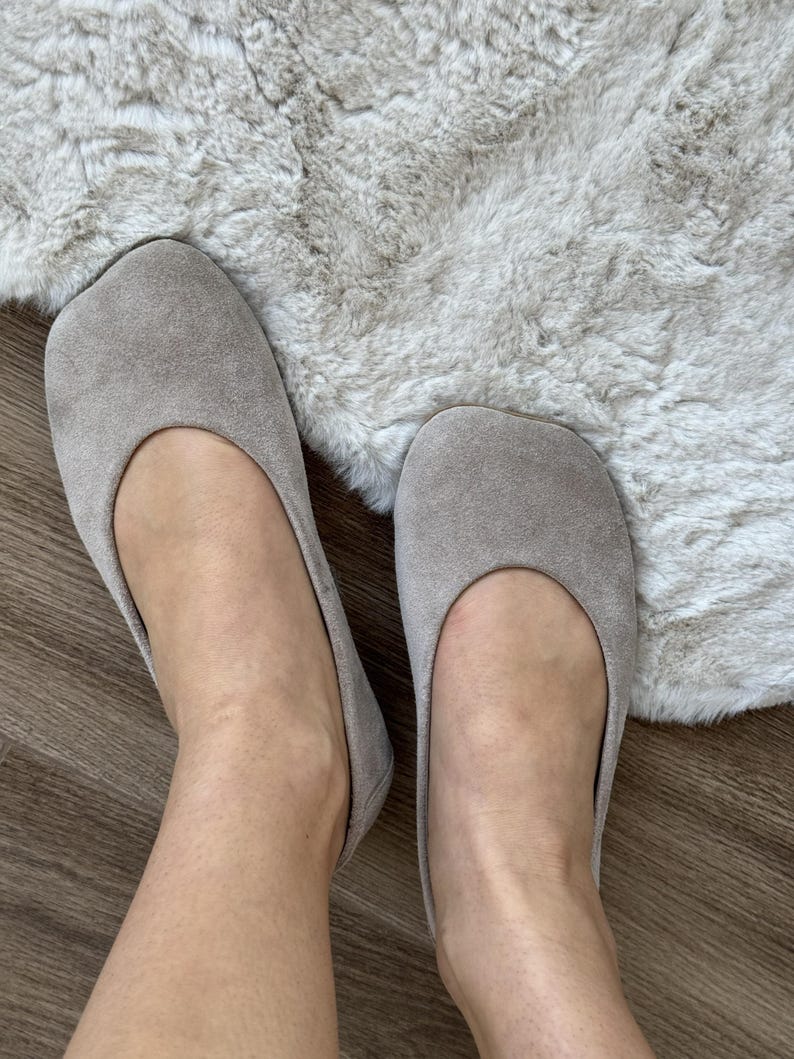 Wide Toe Box Shoes Ballet Flats, Textured Leather Black Flats, Bafefoot Shoes Women, Everyday Elegant Footwear, Women Slip-ons Shoes Suede Beige