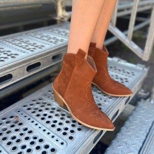 Camel Nubuck Cowboy Boots with Pointed Toe, Comfortable Casual Ankle Boots,Rustic Footwear,Low Heel Walking Boots,Festival Comfortable Shoes image 1