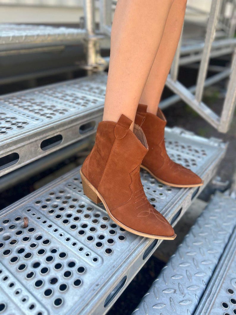 Camel Nubuck Cowboy Boots with Pointed Toe, Comfortable Casual Ankle Boots,Rustic Footwear,Low Heel Walking Boots,Festival Comfortable Shoes image 1