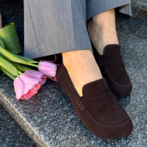 Chocolate Patent Leather Loafers with Square Toe, Anatomical Summer Moccasins, Minimalist Comfortable Slip-Ons, Work Daily Practical Shoes Suede Chocolate
