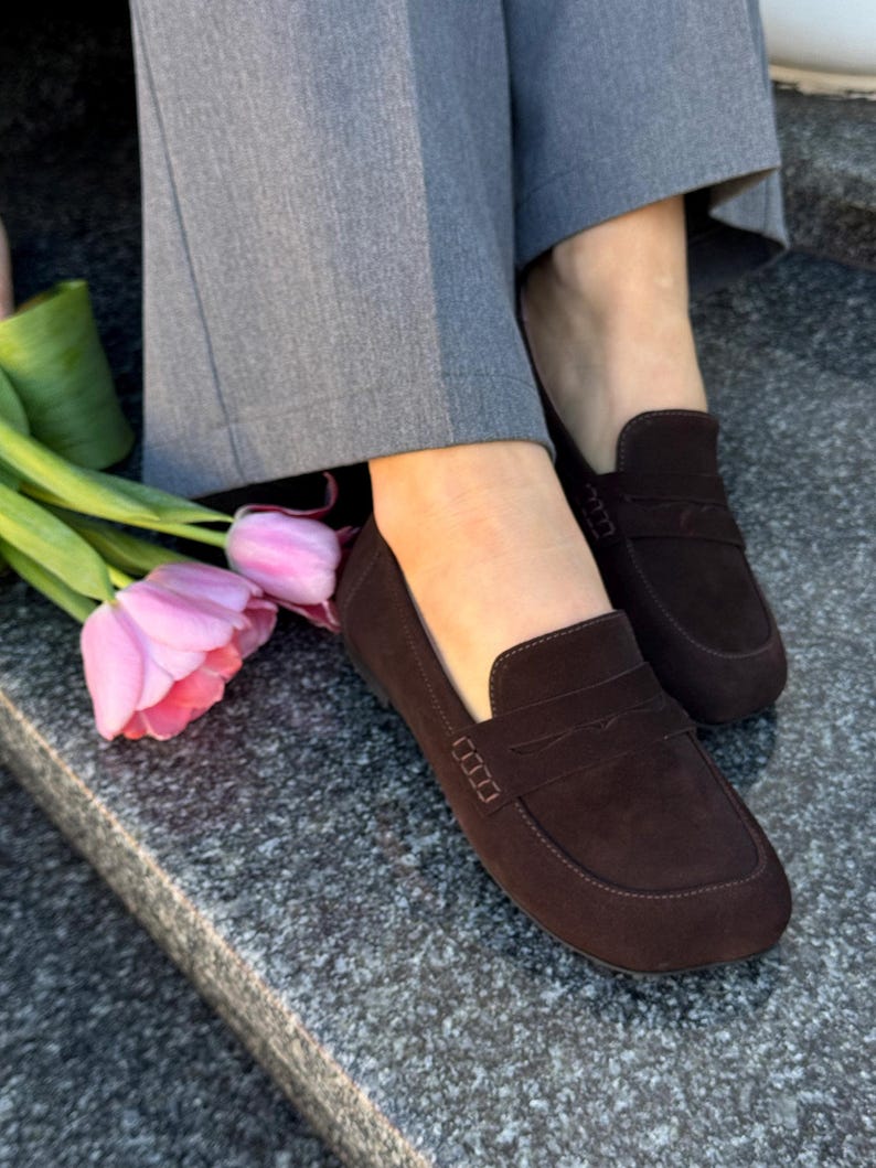 Chocolate Patent Leather Loafers with Square Toe, Anatomical Summer Moccasins, Minimalist Comfortable Slip-Ons, Work Daily Practical Shoes Suede Chocolate