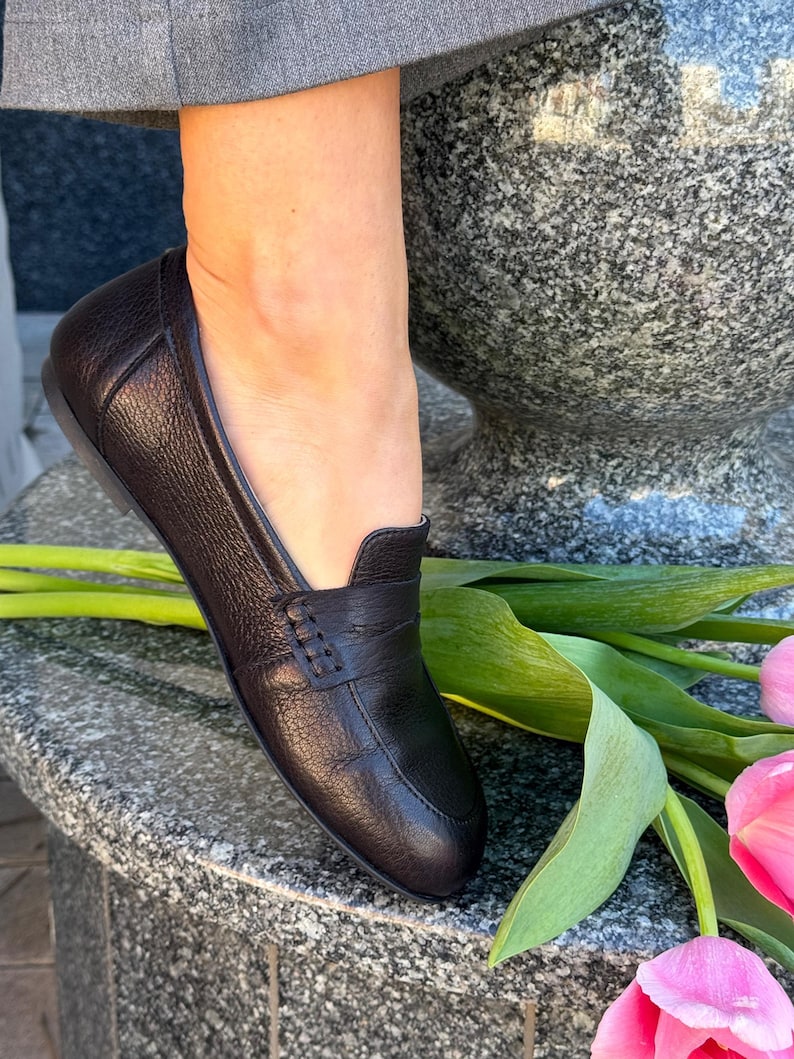 Chocolate Patent Leather Loafers with Square Toe, Anatomical Summer Moccasins, Minimalist Comfortable Slip-Ons, Work Daily Practical Shoes Textured Leath Choc.