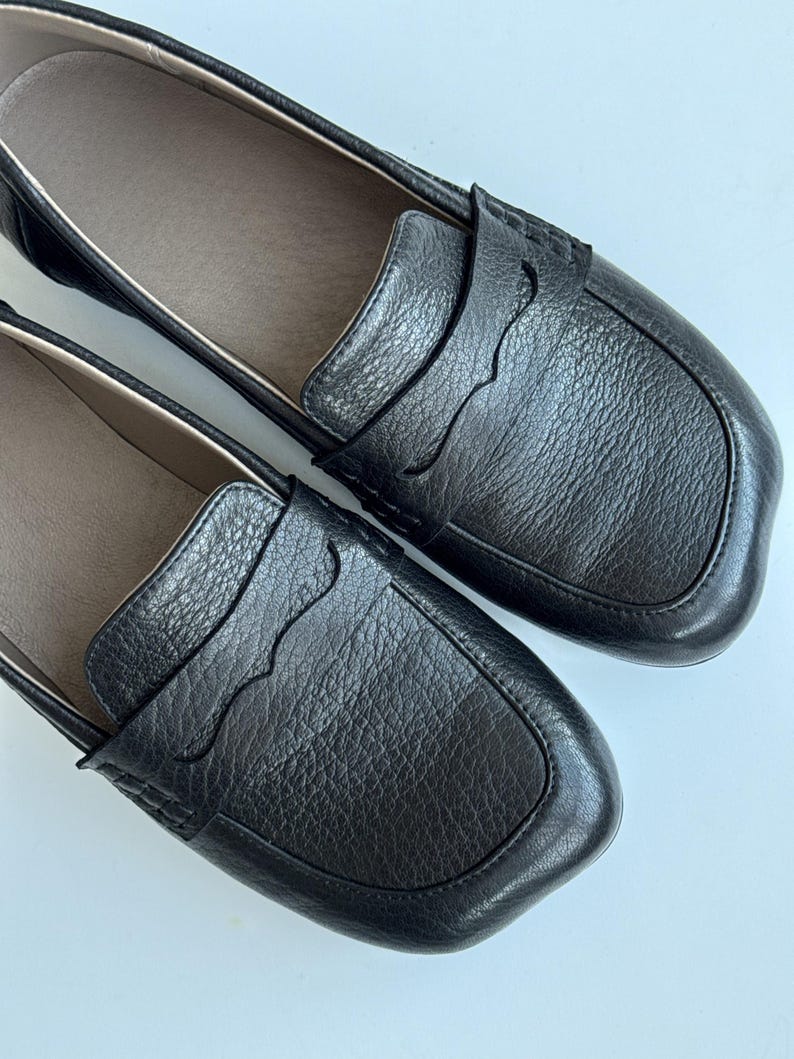 Chocolate Patent Leather Loafers with Square Toe, Anatomical Summer Moccasins, Minimalist Comfortable Slip-Ons, Work Daily Practical Shoes Textured Leath Black