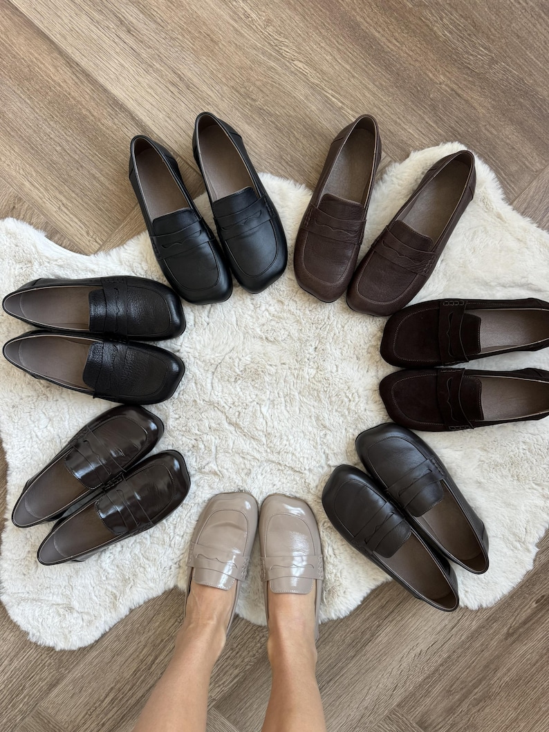 Chocolate Patent Leather Loafers with Square Toe, Anatomical Summer Moccasins, Minimalist Comfortable Slip-Ons, Work Daily Practical Shoes image 7