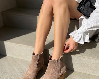 Handmade Suede Cowboy Boots with Pointed Toe, Comfortable Casual Ankle Boots, Warm Winter Footwear, Low Heel Walking Boots, Festival Shoes