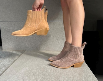Women Suede Ankle Cowboy Boots, Pointed Toe Booties, Comfortable Casual Fall Shoes, Rustic Footwear, Low Heel Walking Boots, Festival Shoes